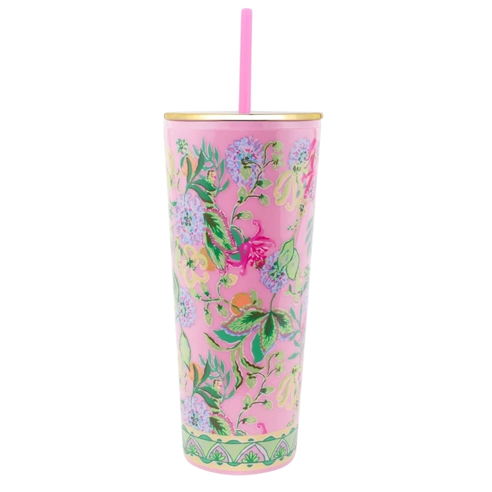 Lilly Pulitzer Tumbler Amore Spritzer Pink Insulated 24oz w/Lid, Reusable Straw